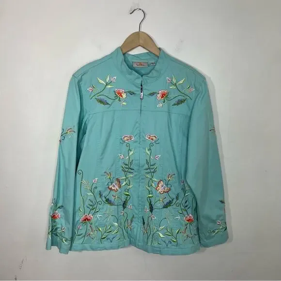 Quacker Factory Embroidered Mandarin Collar Stretch Jacket Turquoise Aqua Size M - Picture 14 of 14